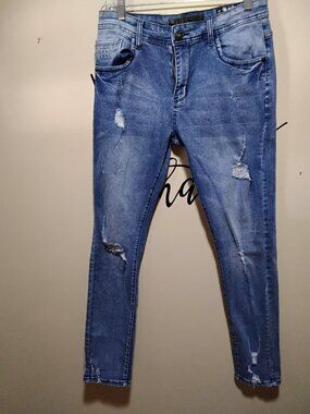 Rock Revolution Men's Distressed Straight Jeans 32x32 Blue Denim